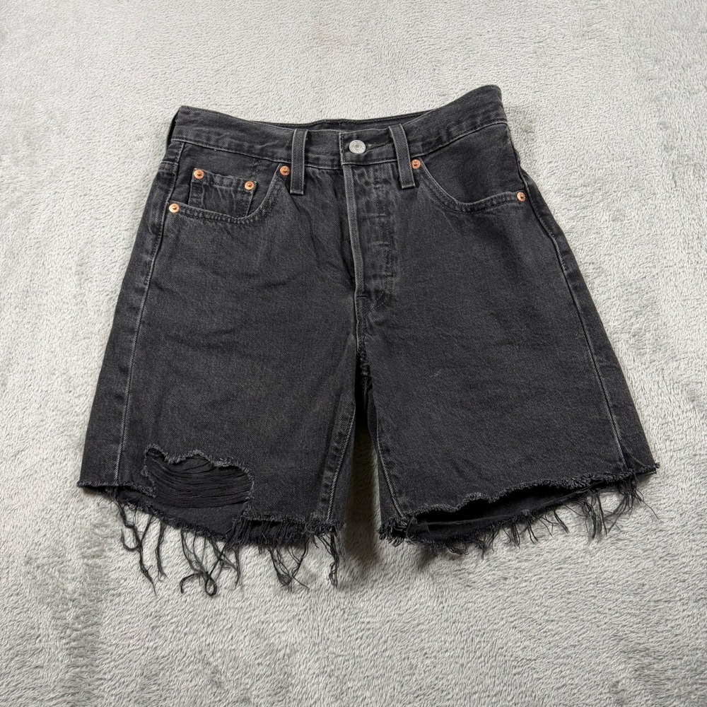 Levis Premium 501 Mid Thigh Shorts Womens W24 Black Distressed Denim Cut Offs